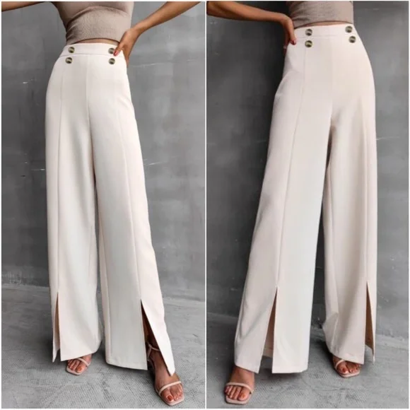Cream Button Detail Wide Leg Slit Pants Work Office - Picture 1 of 3